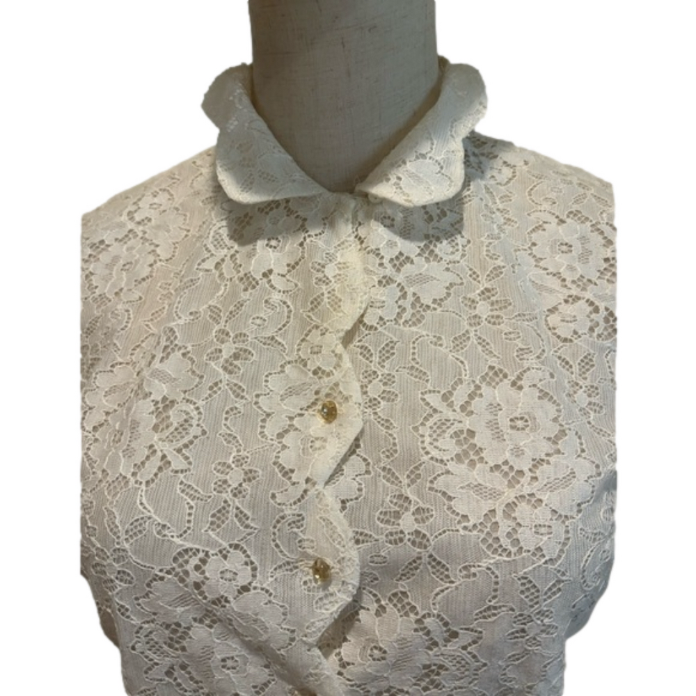 50s CREAM LACE SHORT SLEEVE BLOUSE COQUETTE FITTED SCALLOPED EDGE MCM SZ S - Picture 7 of 10